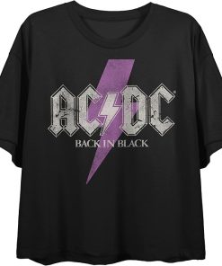 ACDC Back in Black Purple Lightning Bolt Logo Women's Black Cropped Tee